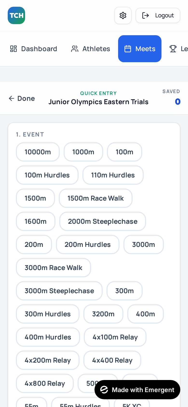 Mobile meet-day quick-entry screen on iPhone showing event picker.